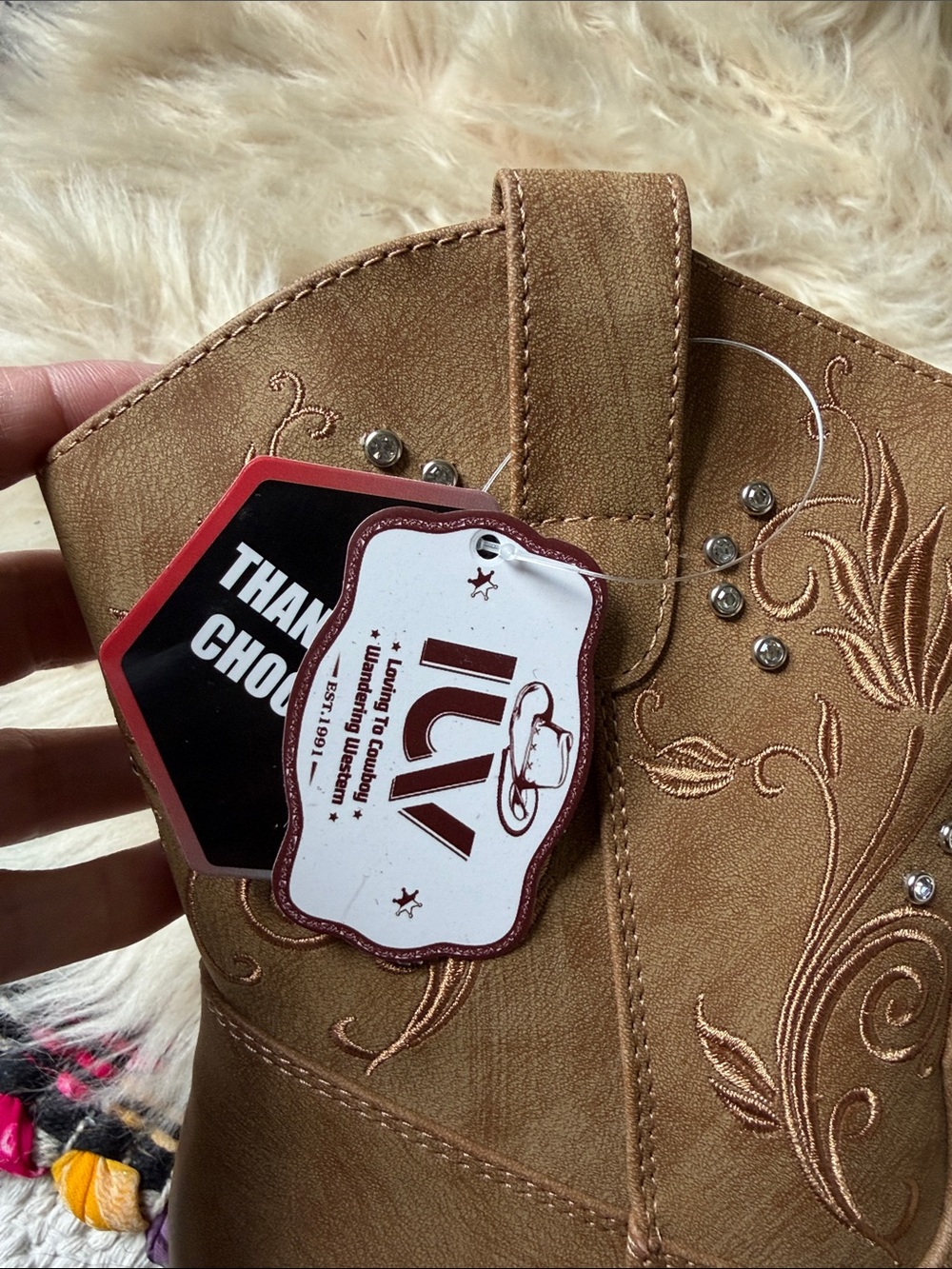 Women’s Tan Western Boots with Embroidered Detail & rhinestone’s - Picture 6 of 7